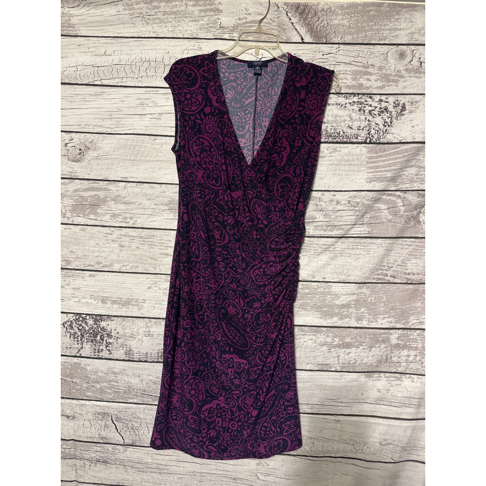 Women's Chaps Purple Blue Paisley Sleeveless Ruched Dress L